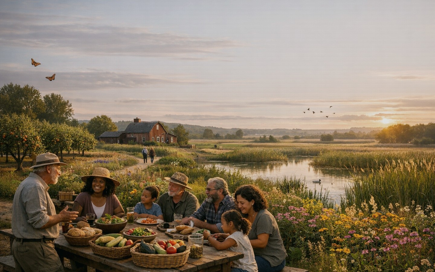 Shared farmland, pollinator gardens, creek edges, trails, and neighbors gathering together in one living landscape.